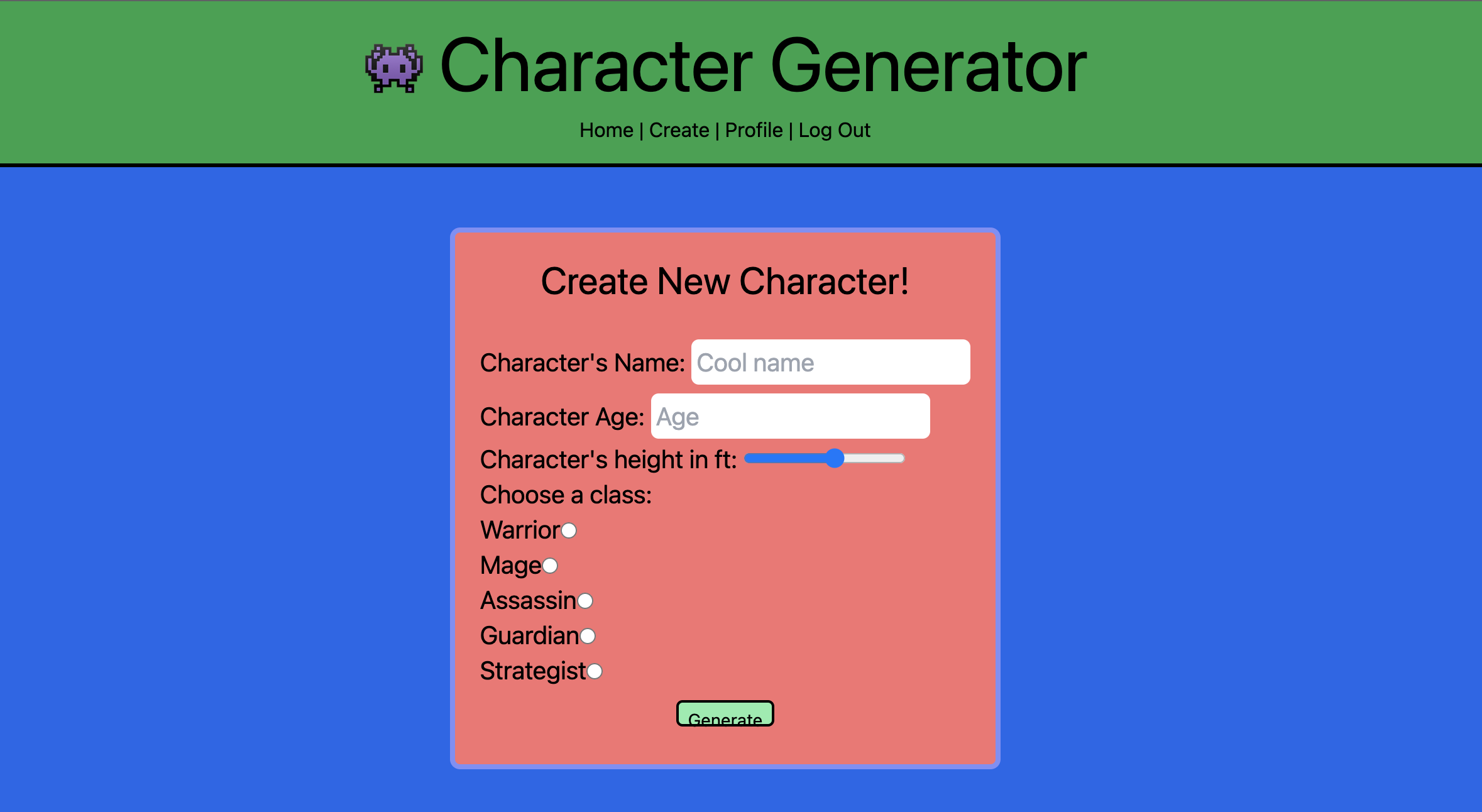 Character Creation Form